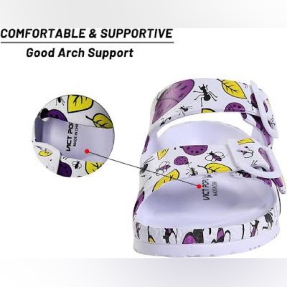 Ladybug Floral Print Double Buckle Sandals EVA Waterproof Slides Chic Spring, 7